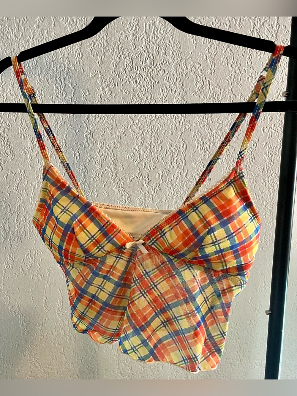 Seamolly 2-piece Set. Plaid Spaghetti-Strap Tankini with Cheeky Bottoms.